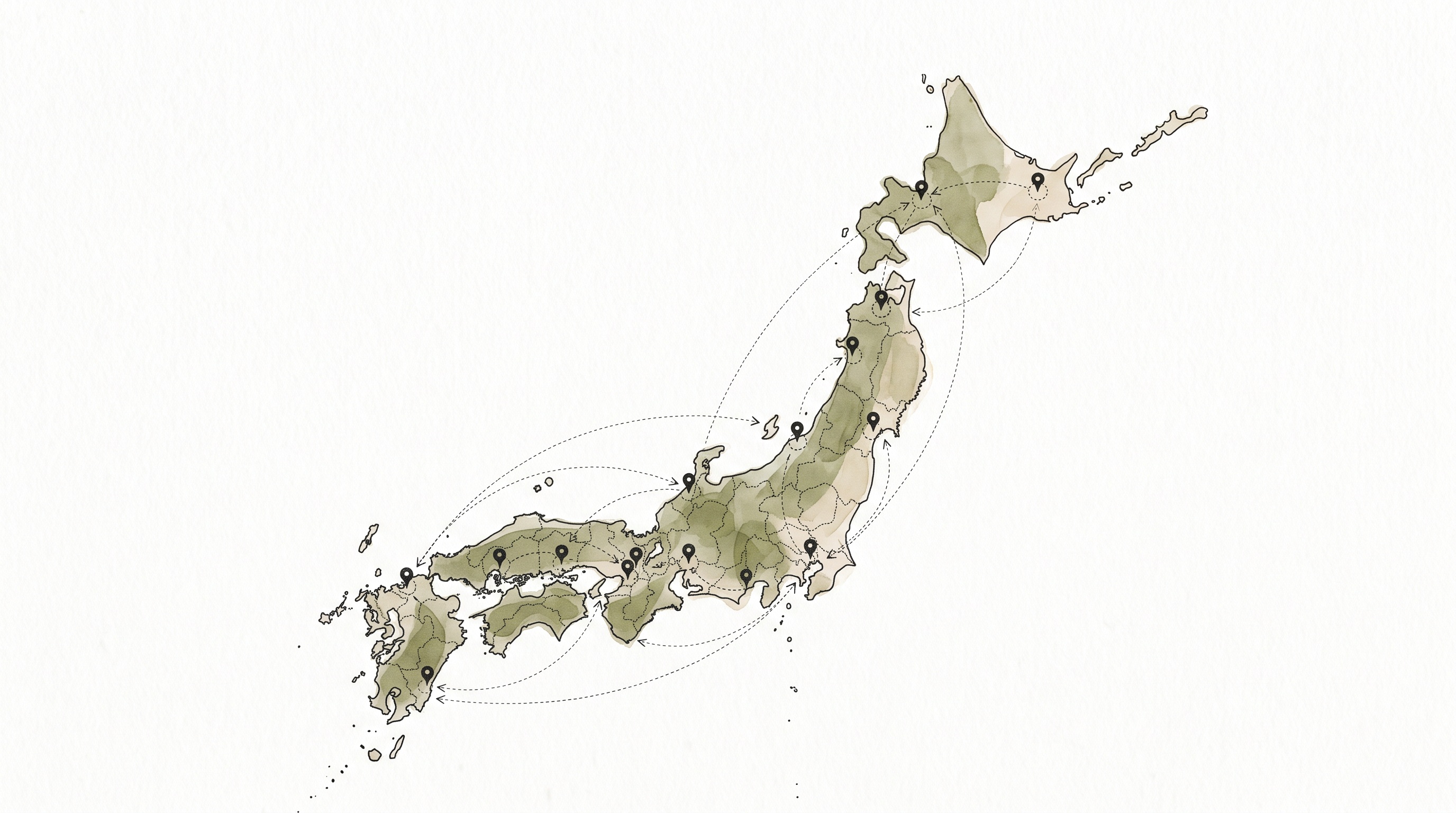 日本地図に点在する地域とそれをつなぐネットワークを描いたイラスト