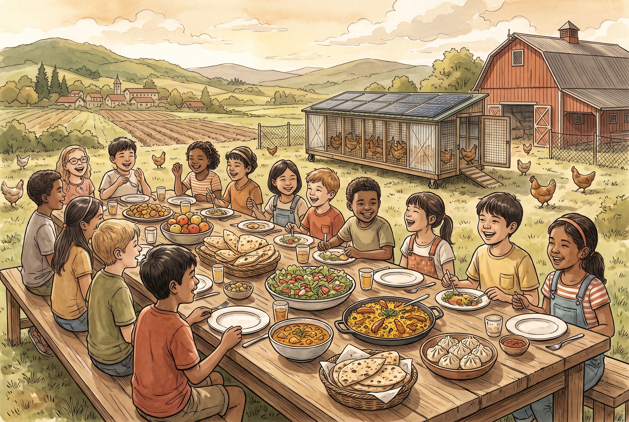 子どもたちが一緒に食事をしている様子を描いたイラスト(新トーン)