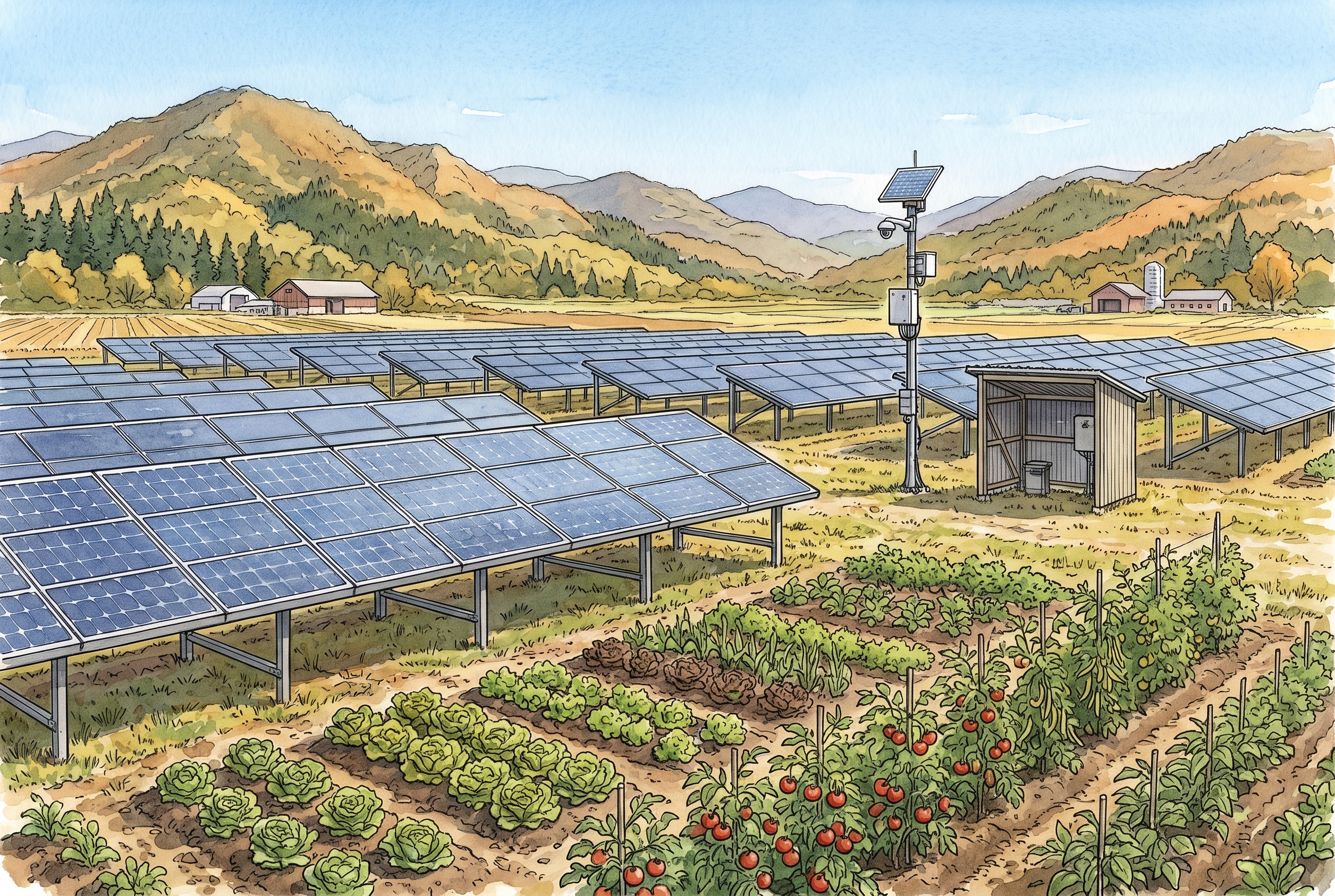 農地と太陽光発電が共存する風景（ソーラーシェアリング）を描いたイラスト(新トーン)