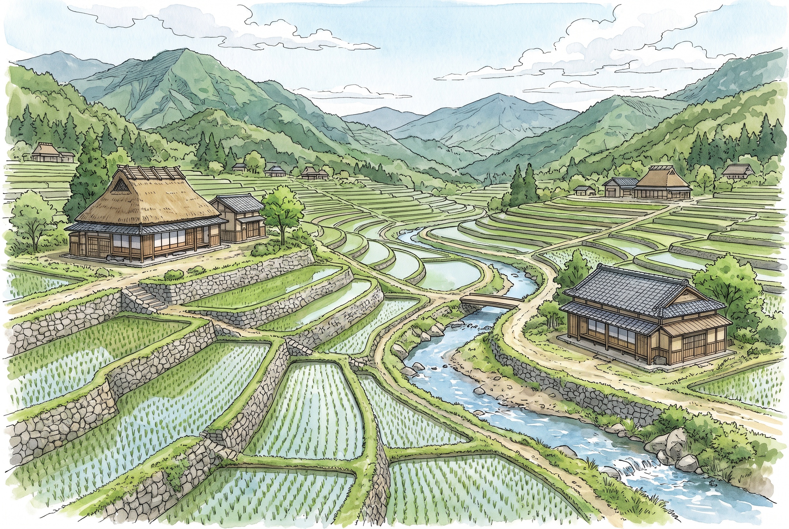 日本の地方の風景を描いたイラスト(新トーン)