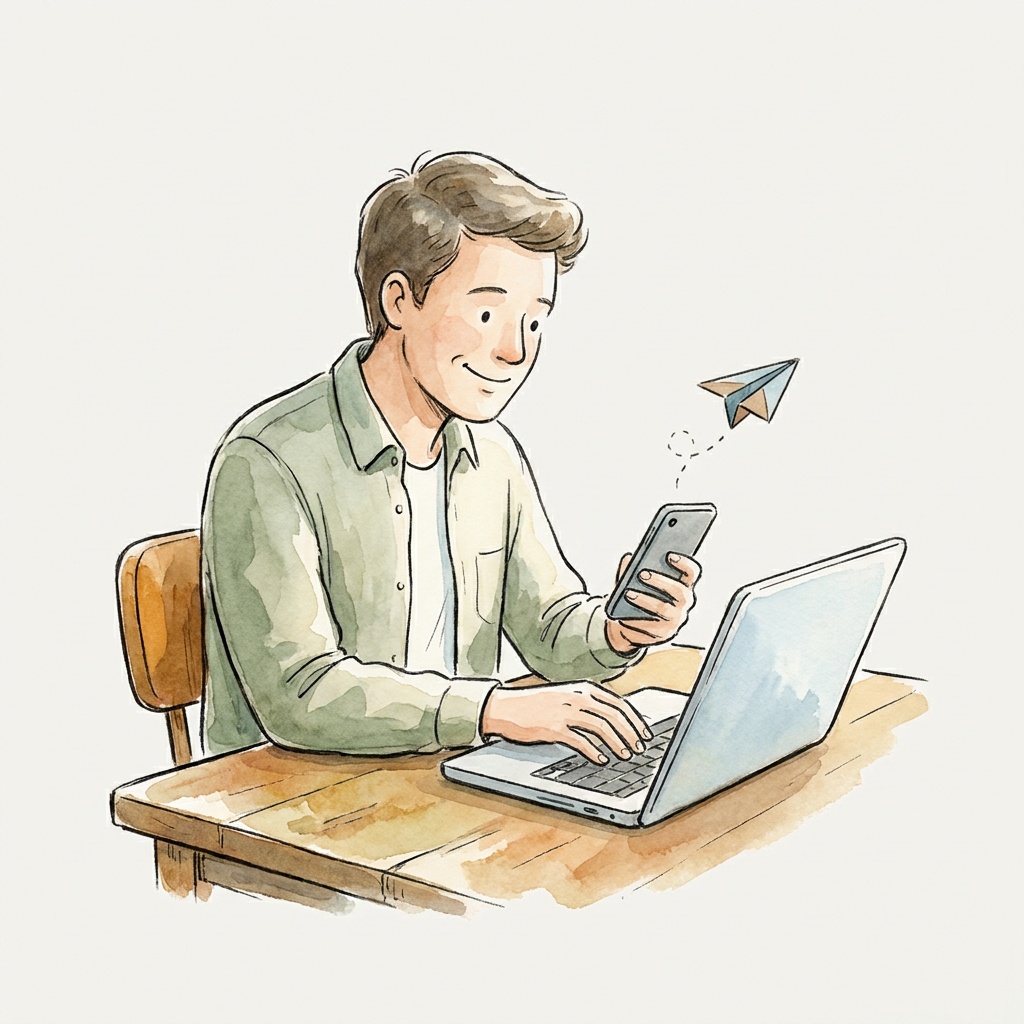 スマートフォンやPCから問い合わせをしている人物のイラスト