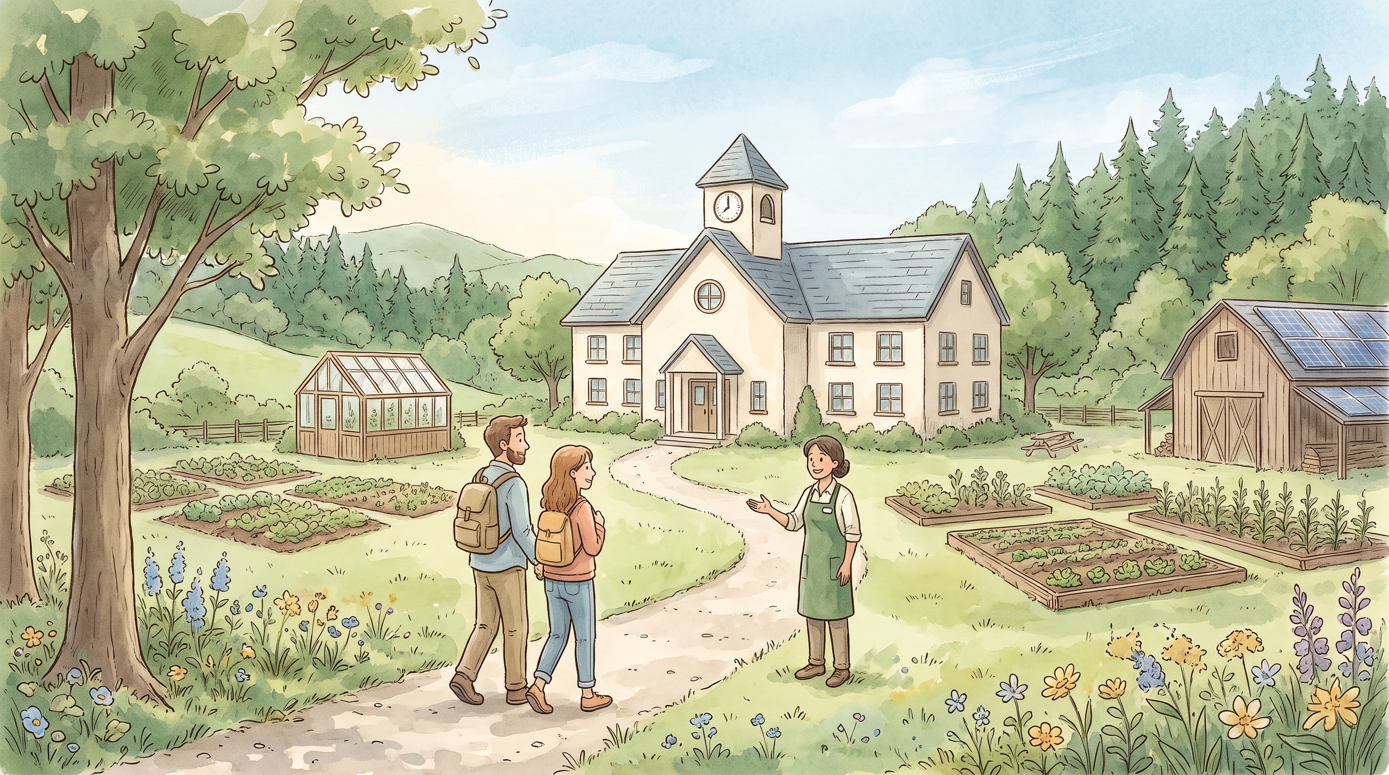 森と農地に囲まれたNPAの校舎へ、見学者がスタッフに案内されながら歩いていく様子のイラスト